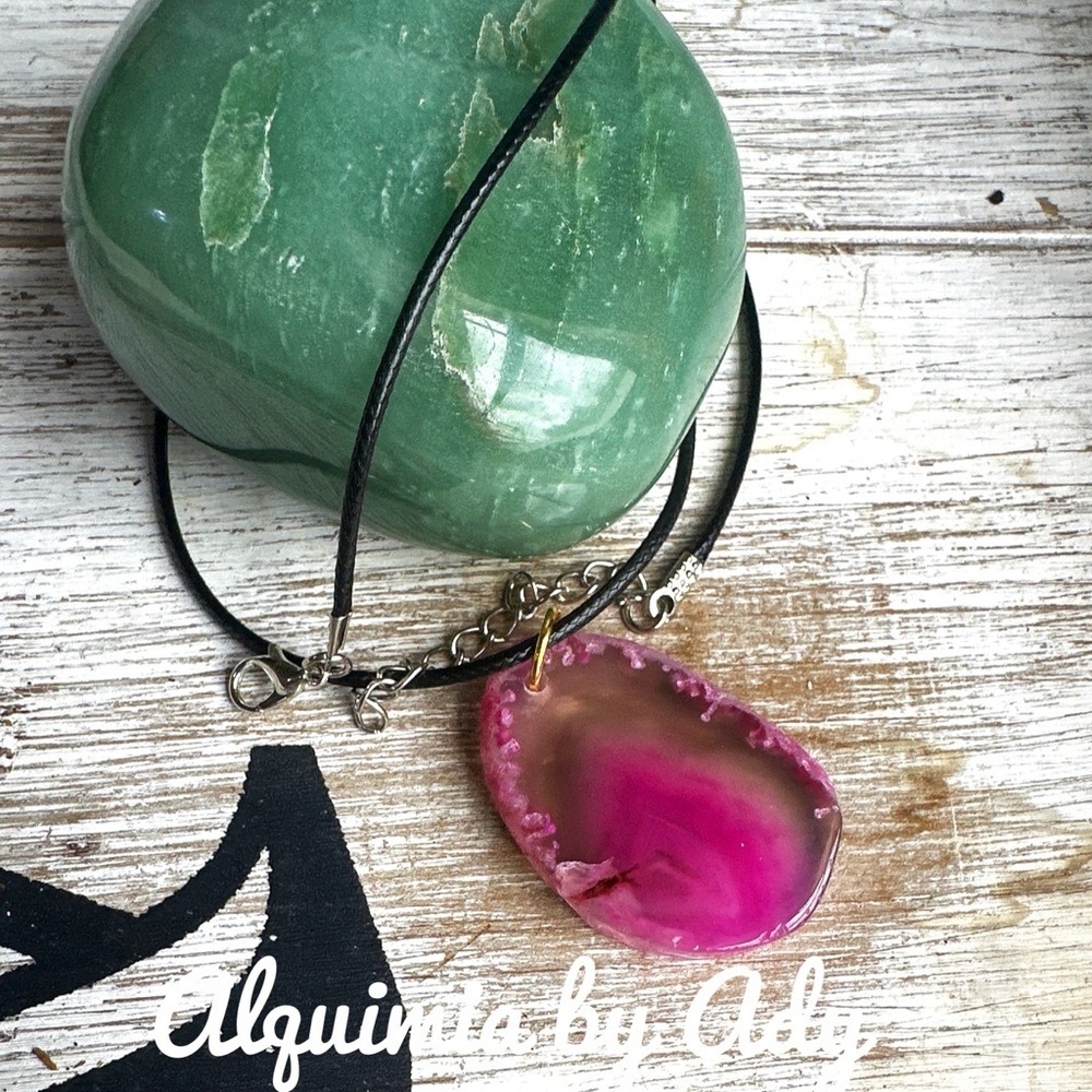 HOT PINK + RAW huge agate Pendant Necklace + Black cord+ CHOKER